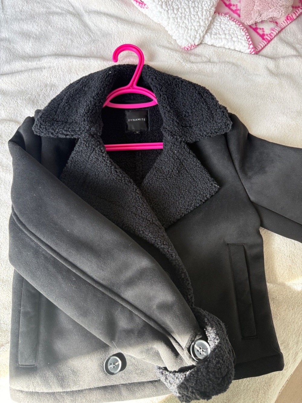 Dynamite Black Sherpa-Trim Double-Breasted Jacket